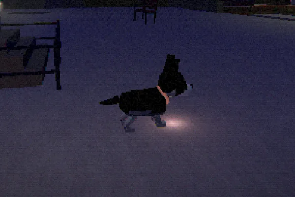 The border collie in the game, side on under a lamp: black with a white chest and legs