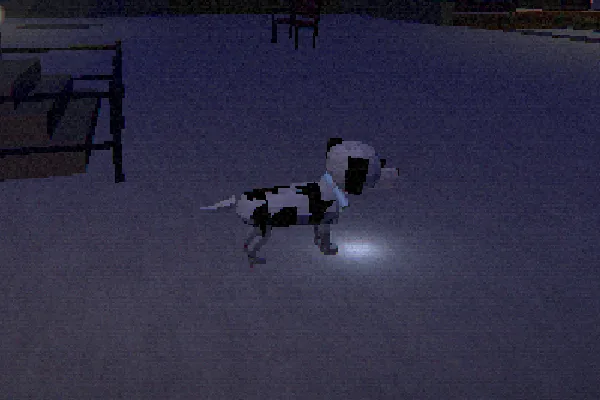 The dalmatian in the game, side on under a lamp: white with black spots