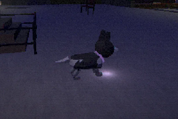 The husky in the game, side on under a lamp: white with a grey back and blue eyes