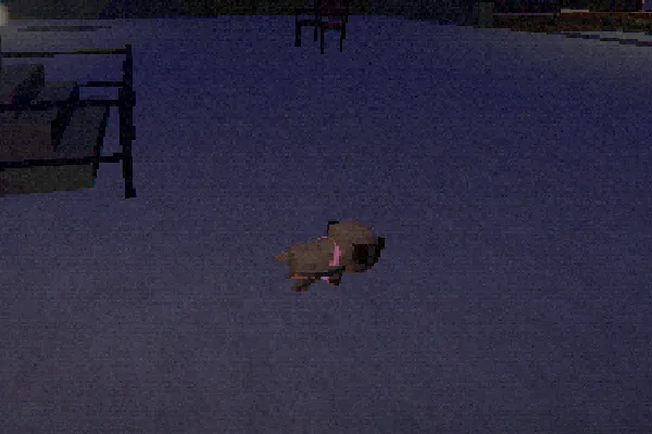The pug in the game, side on under a lamp: fawn with a dark muzzle