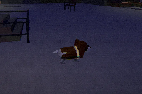 The springer spaniel in the game, side on under a lamp: white with brown patches and long ears